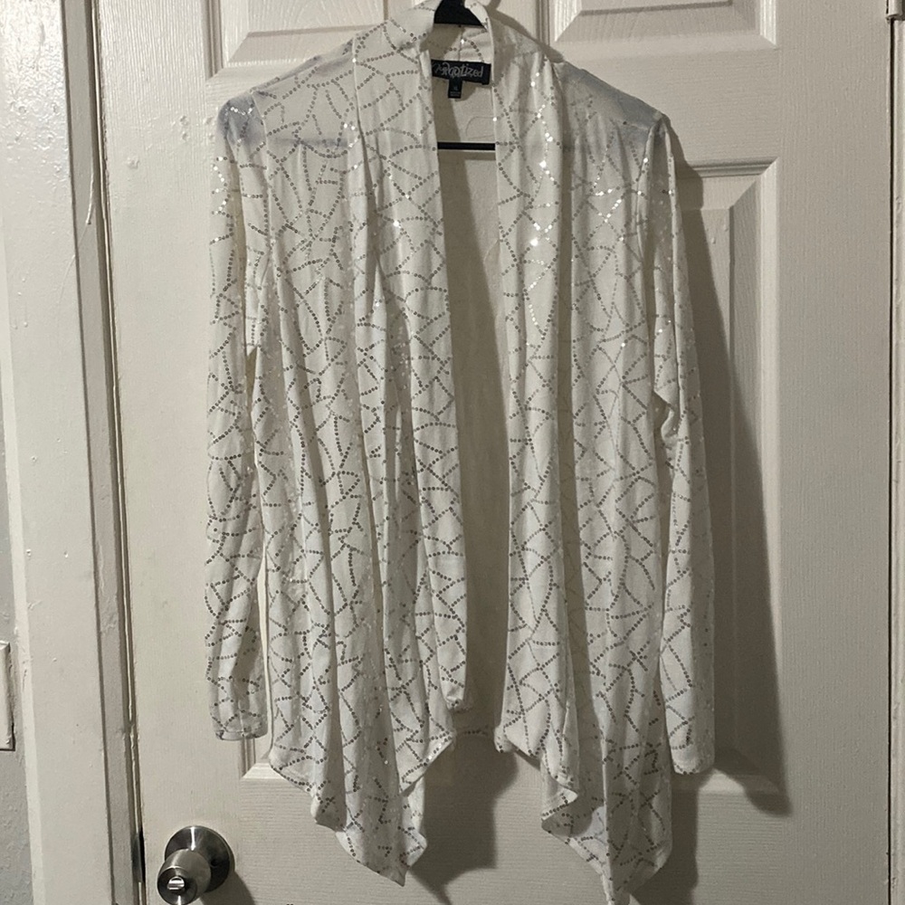 Hypnotized White Sequins Open Front-Drape Cardigan Size XL